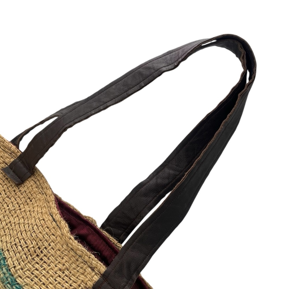 Handmade upcycled burlap market tote fully lined faux leather straps pocket - Picture 5 of 8